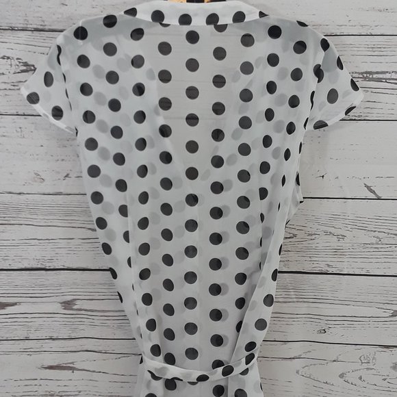 White w/Black Polka Dot Sheer Ruffled Top Blouse L - Picture 3 of 4